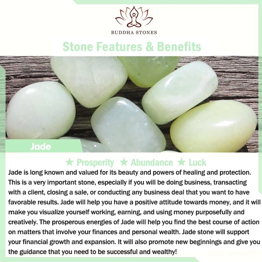 Jade stone prosperity and luck benefits infographic displaying polished natural jade stones on wooden background with text explaining jade's healing properties and prosperity symbolism