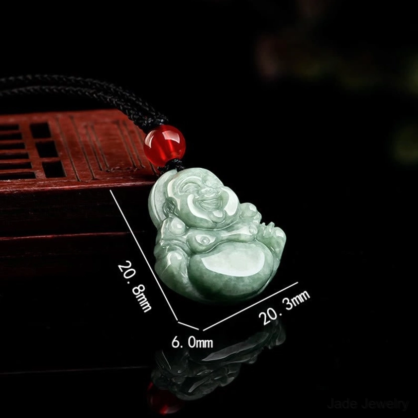 Natural green jade stone prosperity and luck benefits infographic showing Maitreya Buddha symbolism for wealth abundance and positive fortune in feng shui practice
