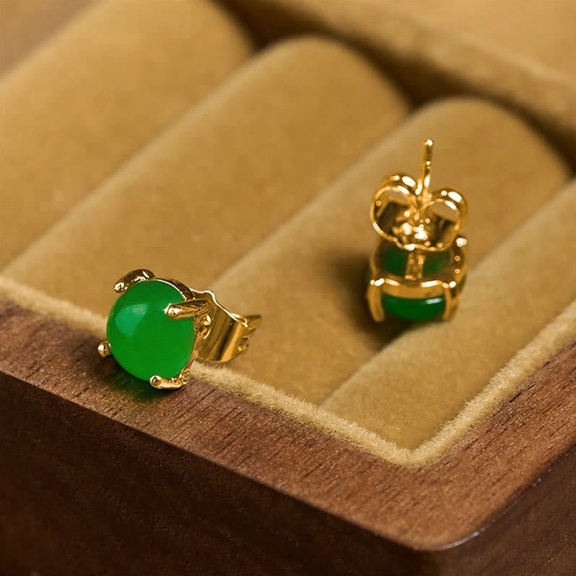 Front and back view of jade stud earrings showing earring post and backing clasp detail
