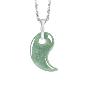 Green jade teardrop magatama necklace with titanium steel chain - overhead front view