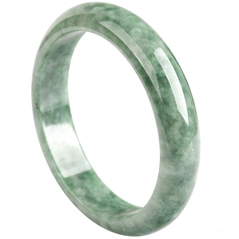 Natural jade wealth bangle bracelet on white background, right three-quarter angle showing bright green marbled jade patterns