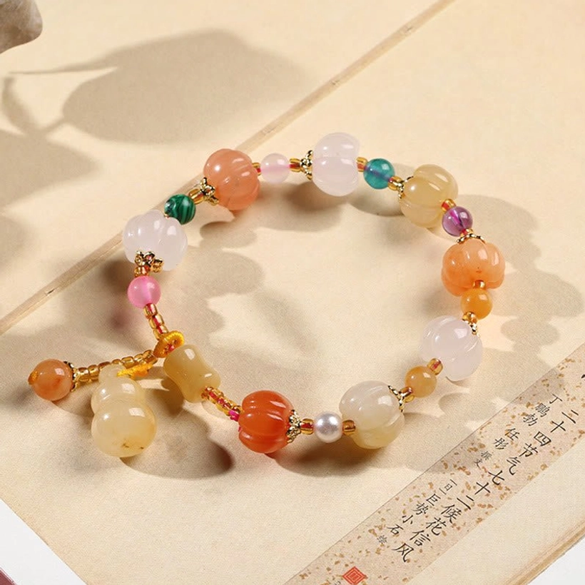 Full view natural jade wealth bracelet with gourd pendant mixed color gem beads gold spacers