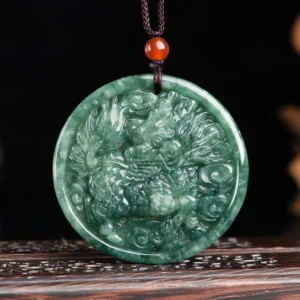 Kirin jade pendant necklace with brown cord and red agate bead detail, straight front showcase