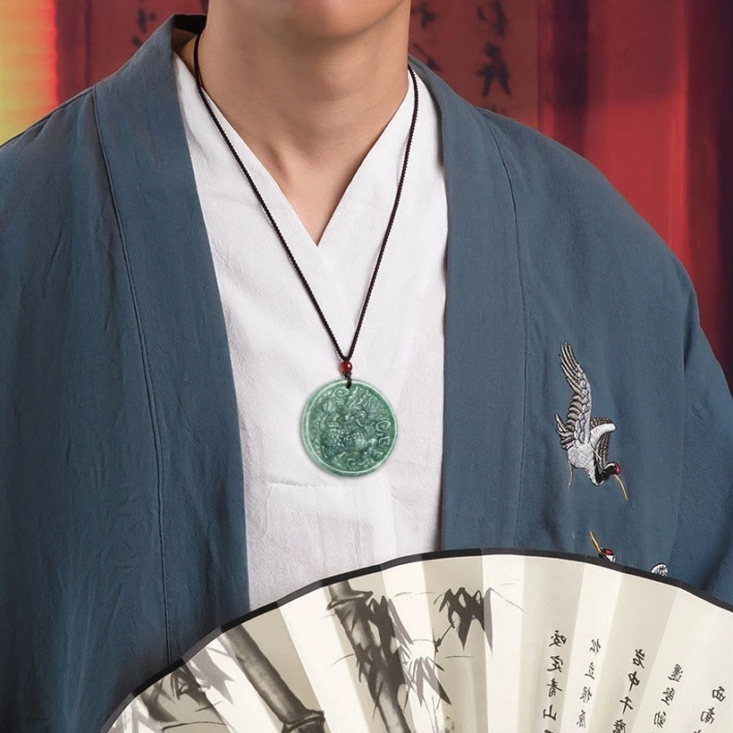 Wearable jade kirin pendant necklace worn on neck with traditional style cord