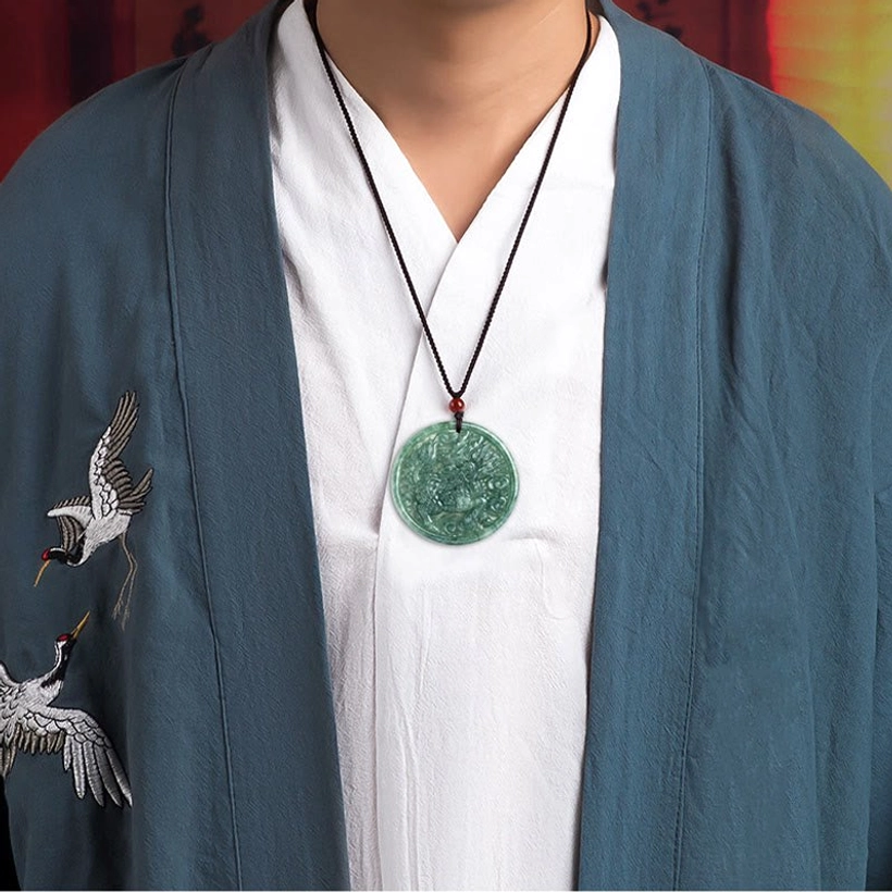 Natural jade kirin prosperity pendant necklace full product display with adjustable cord
