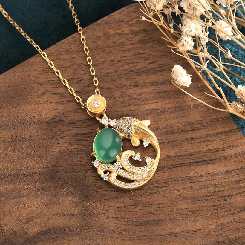 Double koi fish design with detailed wave pattern and zircon inlay green chalcedony pendant necklace