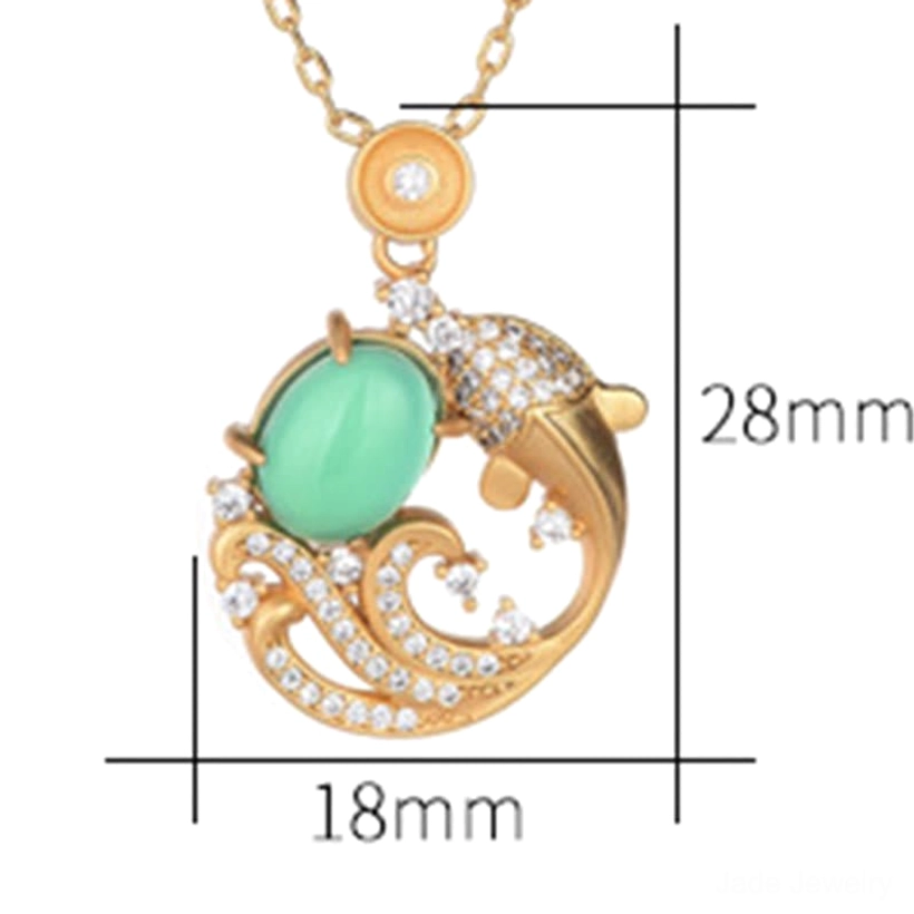 Close-up detailed view of green chalcedony koi fish pendant with size measurement 18mm x 28mm reference