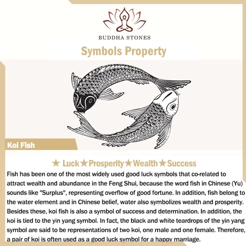 Koi fish symbol meaning and feng shui significance educational card with line art illustration, explaining cultural representation of prosperity, luck, wealth and success