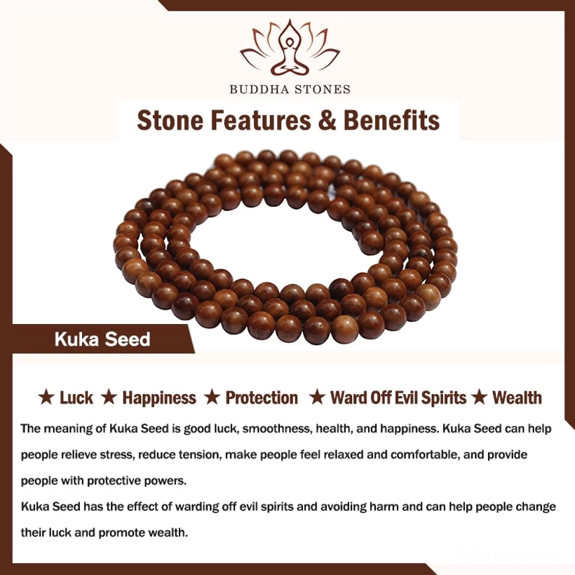 Buddha Stones brand marketing poster featuring Kuka Seed Jade bracelet promotion highlighting luck, prosperity, protection, and wealth benefits with brown beaded sample