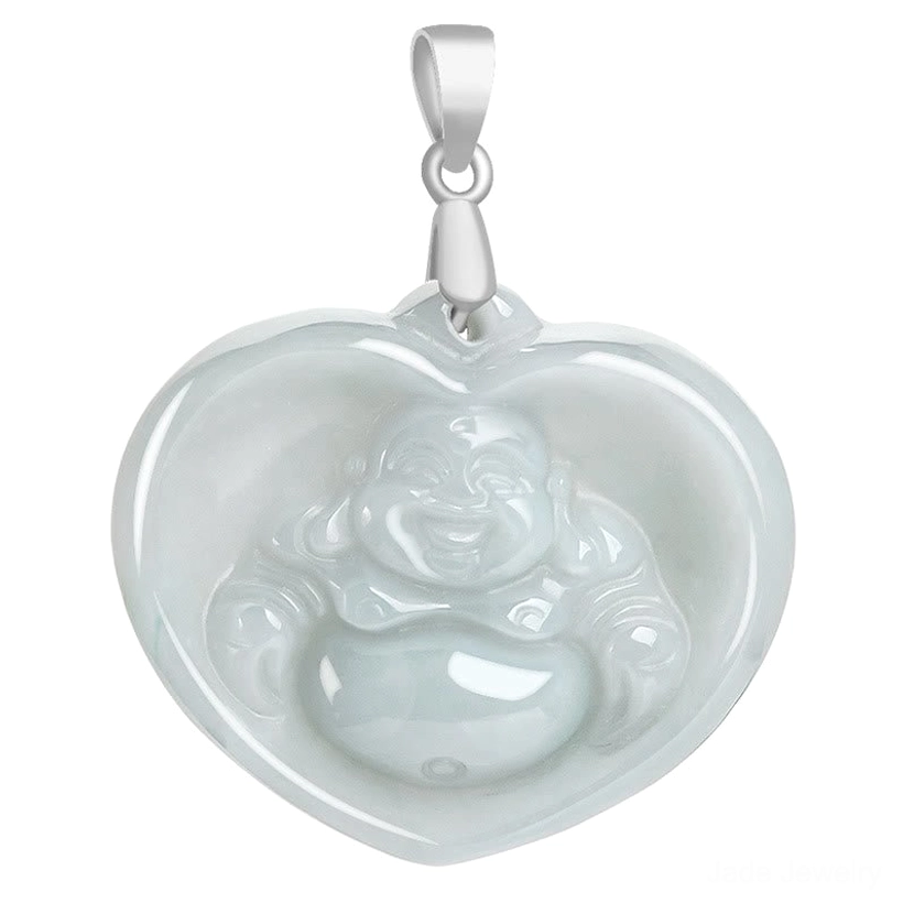White jade laughing Buddha heart pendant necklace, protective charm talisman jewelry for prosperity and good fortune