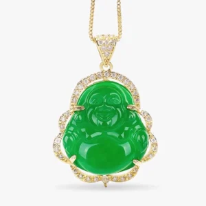 Laughing Buddha green jade pendant necklace with gold metal frame and cubic zirconia accents - front view