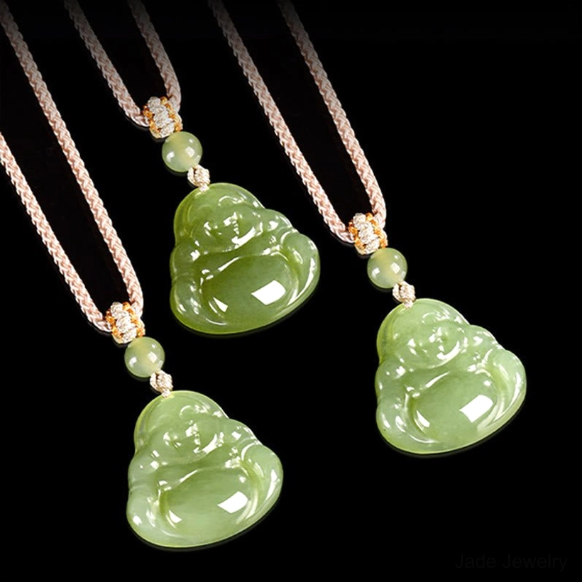 Multiple matching green jade Laughing Buddha pendant necklaces displayed together showing consistent quality