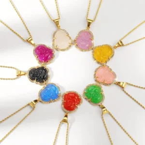 Circular arrangement of Laughing Buddha jade pendant necklaces in different colors showcasing 18K gold filled chains and natural jade charm variations