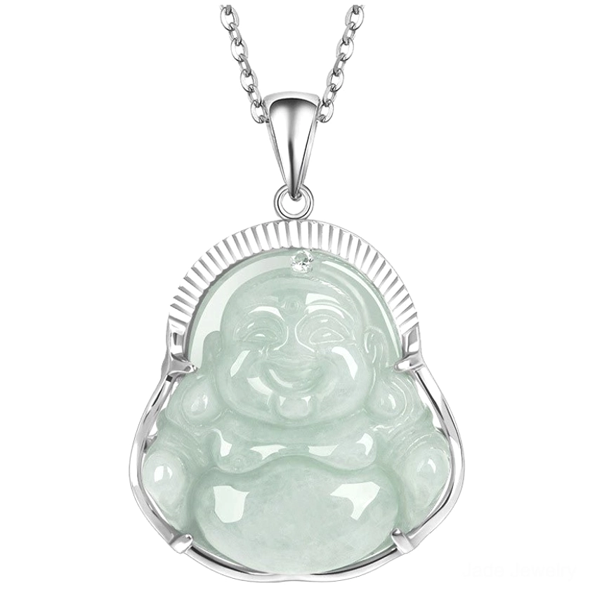 Laughing Buddha jade pendant necklace front view showing full carved Buddha face detail and thick silver curb chain against white background