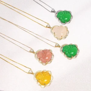 Multiple laughing Buddha jade pendant necklaces in assorted colors and metal finishes - flat lay collection view
