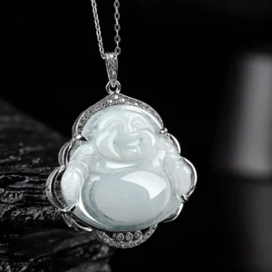 Laughing Buddha jade necklace three-quarter view displaying symmetrical Maitreya Buddha design with silver metal setting