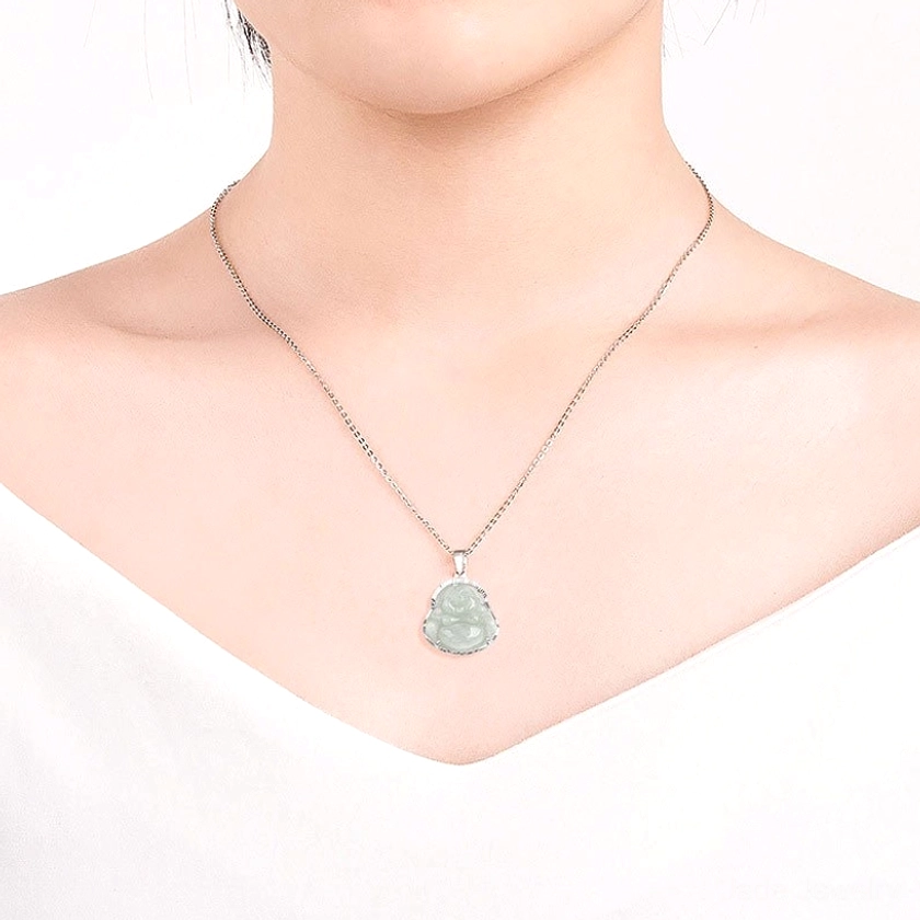 Laughing Buddha jade pendant necklace worn on neck at collarbone showing the delicate titanium steel chain and natural jade charm in real wear