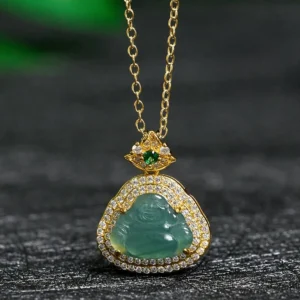 Laughing Buddha jade pendant necklace with gold plating and cubic zirconia halo, front view