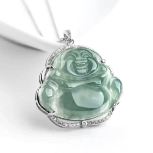 Laughing Buddha green jade pendant necklace with titanium steel setting and decorative accents, front three-quarter studio view on white background