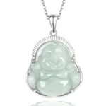Laughing Buddha jade pendant close-up showing carved Maitreya face and light green natural jade with silver bezel frame