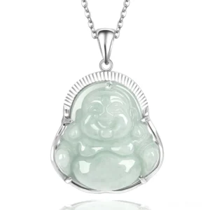 Laughing Buddha jade pendant close-up showing carved Maitreya face and light green natural jade with silver bezel frame