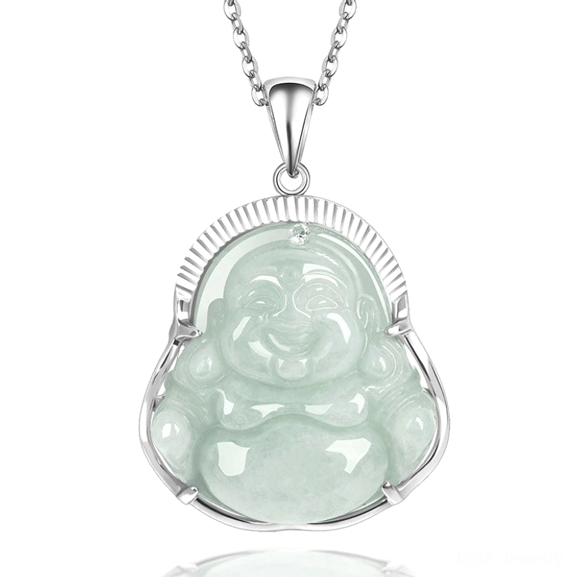 Laughing Buddha jade pendant close-up showing carved Maitreya face and light green natural jade with silver bezel frame