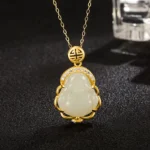 Laughing Buddha Hetian white jade pendant necklace with 925 sterling silver chain - frontal close-up view