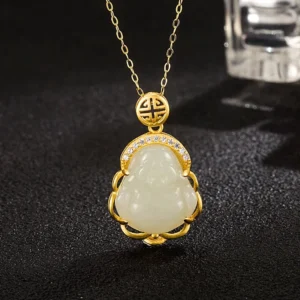 Laughing Buddha Hetian white jade pendant necklace with 925 sterling silver chain - frontal close-up view