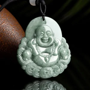 Laughing Buddha jade necklace pendant side profile showing detailed copper coin border carving and natural green jade texture