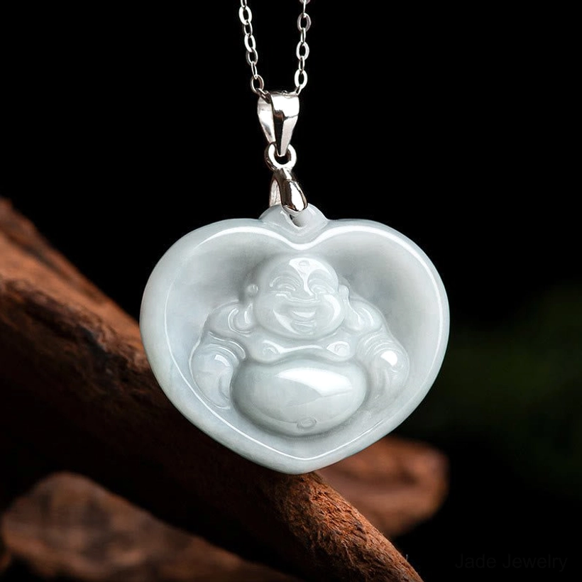 White jade heart pendant necklace featuring Laughing Buddha carving, right front view with titanium steel chain