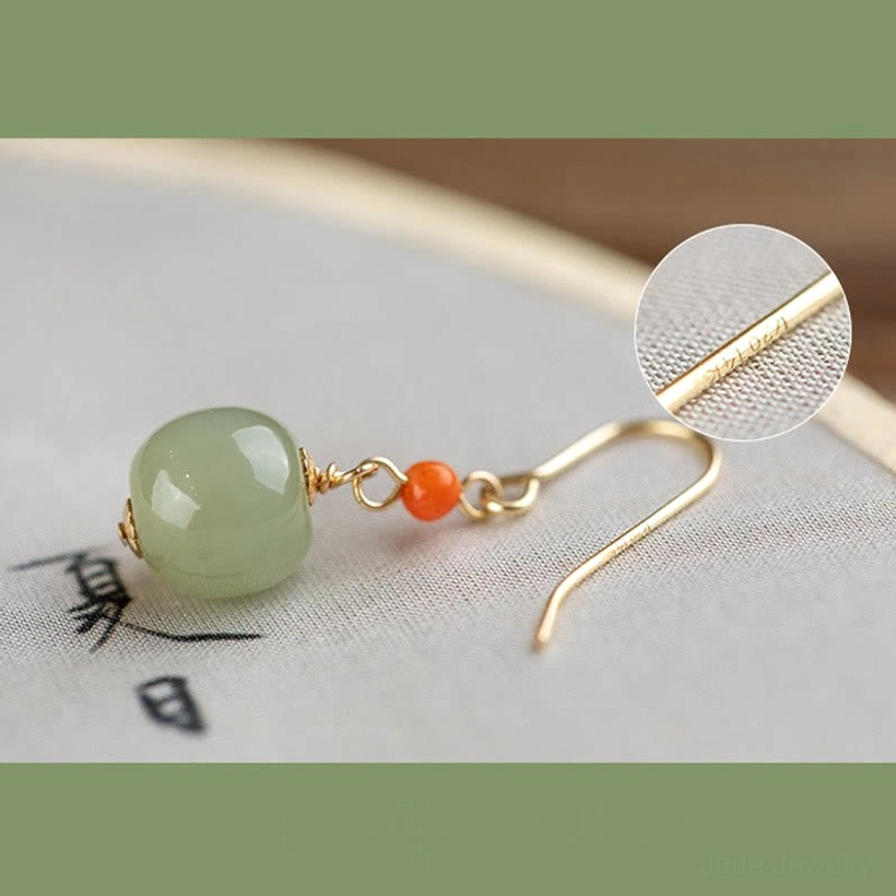 Light green hetian jade drop earrings with red agate beads sterling silver premium quality jewelry