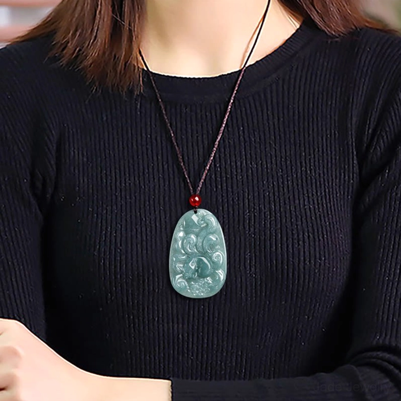Light jade nine-tailed fox pendant necklace with red bead and brown cord complete product view