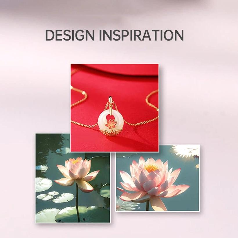 Lotus jade pendant design inspiration board showing product photography and traditional lotus imagery highlighting spiritual symbolism and cultural heritage