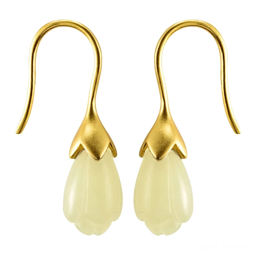magnolia jade drop earring pair front close-up polished 925 sterling silver translucent nephrite