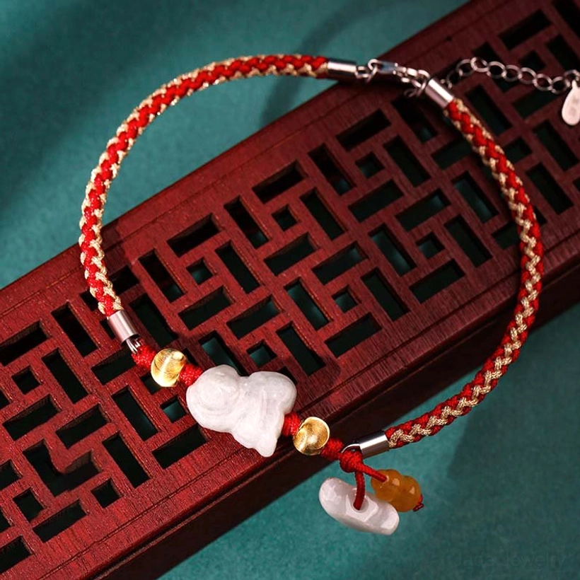 Monkey zodiac jade bracelet with red string intelligence and curiosity charm