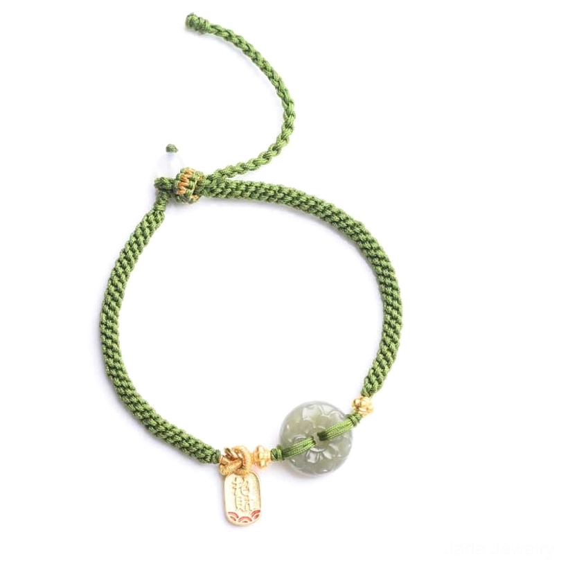 Natural green jade bracelet with premium woven rope and prosperity charm