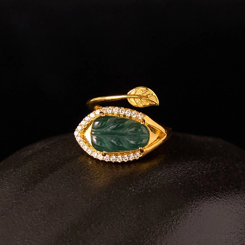 Gold-plated jade leaf adjustable ring - premium quality product shot emphasizing natural jade authenticity and metalwork design details