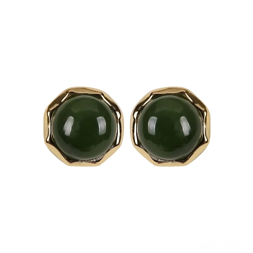 Full jade stud earring pair with wide scalloped gold border and polished cyan jade beads on clean white background