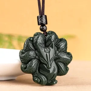 Nine-tailed fox jade pendant necklace three-quarter angle view showcasing the fox's elegant profile and carved texture