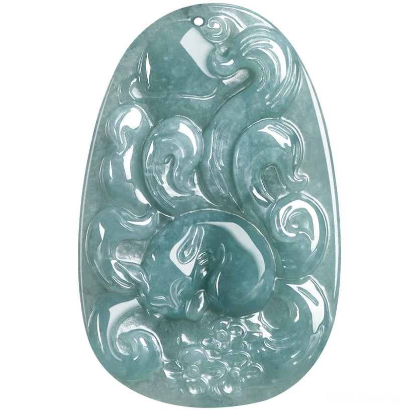 Nine-tailed fox jade carved pendant in light cyan with traditional red bead and organic brown rope detail