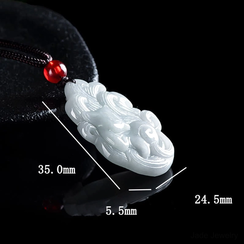 Side view of nine-tailed fox jade pendant with dimension measurements 35mm 24.5mm 5.5mm