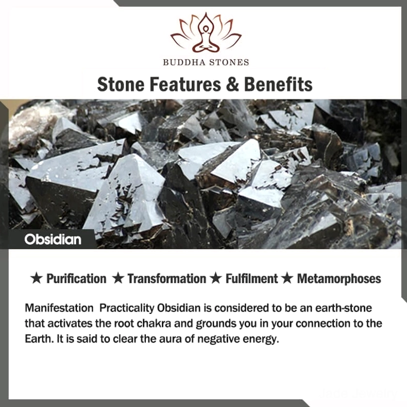 Raw black obsidian stones with protective energy benefits educational graphic showing purification, transformation, and spiritual grounding properties