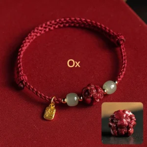 Ox zodiac Hetian jade cinnabar lucky bracelet detail showing red protective cord and sterling silver fu character