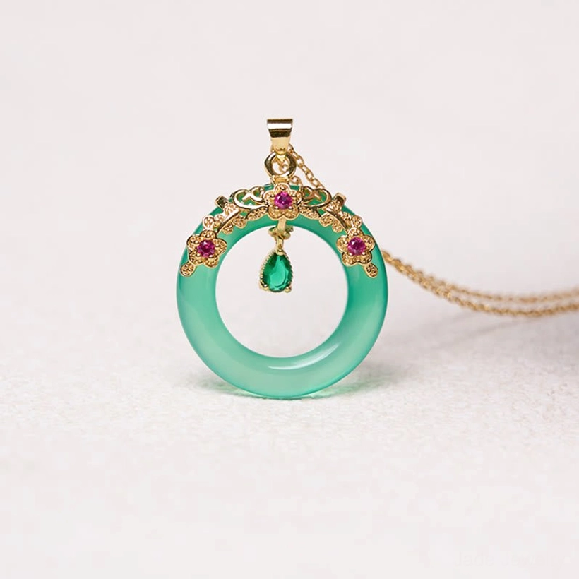 Peace buckle pendant green chalcedony with copper chain necklace