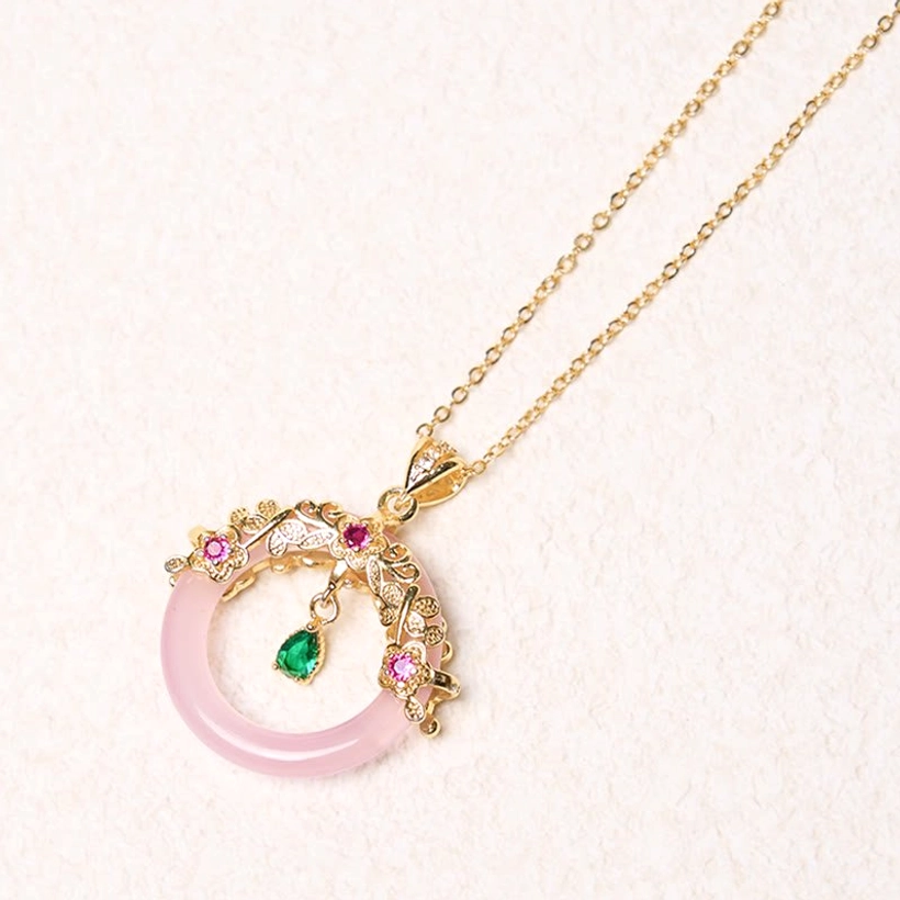 Green and pink chalcedony peace buckle pendant combination necklace