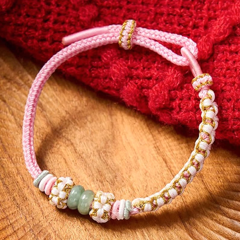 Peach blossom weave jade fortune bracelet handwoven red cord