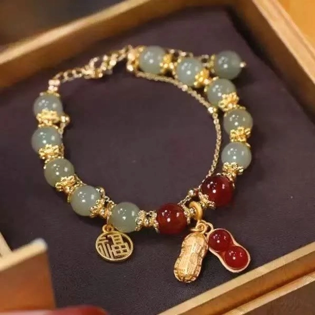 Peanut fu character jade red bead bracelet symbolizing blessings and good fortune