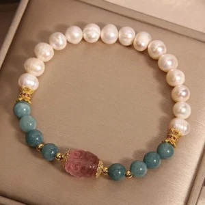 Pearl and jade strawberry quartz prosperity bracelet with freshwater pearls and blue jade beads in champagne gift box