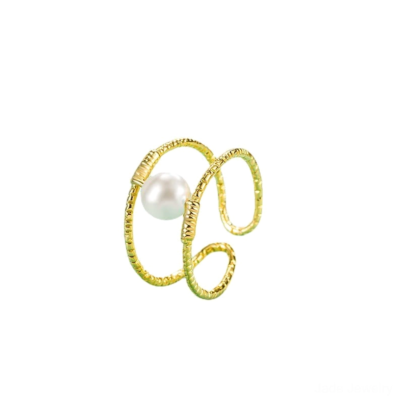 Pearl adjustable ring with luminous white pearl and twisted gold bands, product showcase on neutral background
