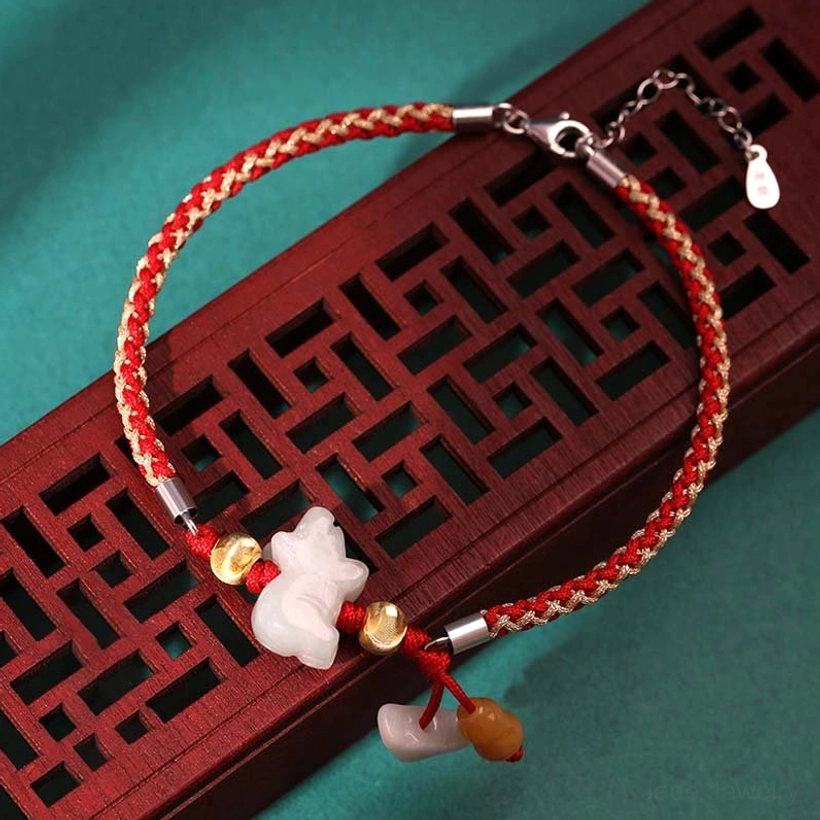 Pig zodiac jade bracelet with compassionate generous red string heart charm